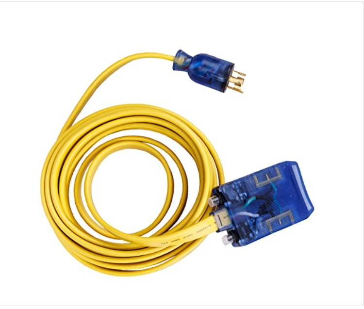 25' L5-30P to 3.5-15R 10 Gauge Flat Extension Cord w/ three 125V Household Outlets