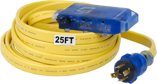 25' L5-30P to 3.5-15R 10 Gauge Flat Extension Cord w/ three 125V Household Outlets